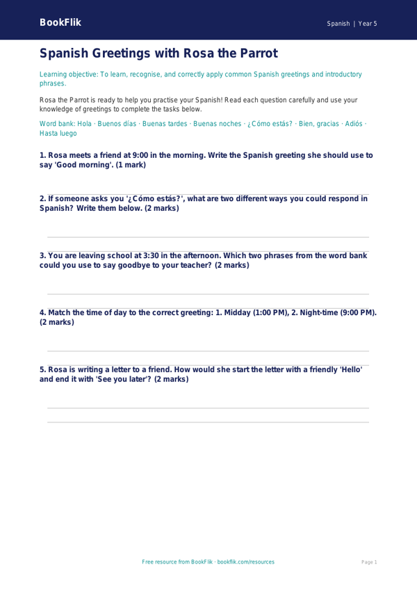 Free Greetings Worksheet | Year 5 Core | BookFlik worksheet preview — Spanish Greetings