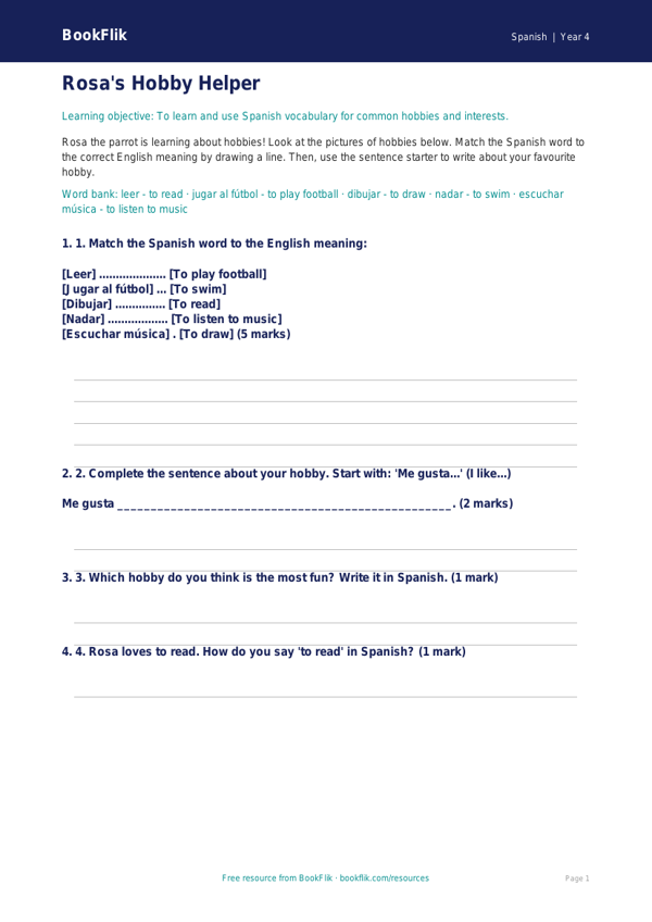 Free Hobbies Activity Sheet | Year 4 Supported | BookFlik worksheet preview — Spanish Hobbies