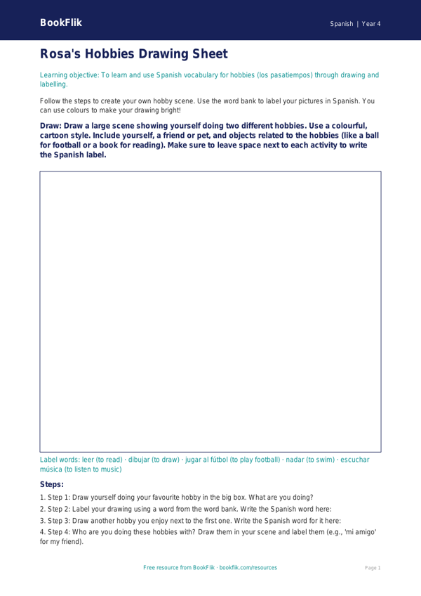 Free Hobbies Drawing Sheet | Year 4 Supported | BookFlik worksheet preview — Spanish Hobbies