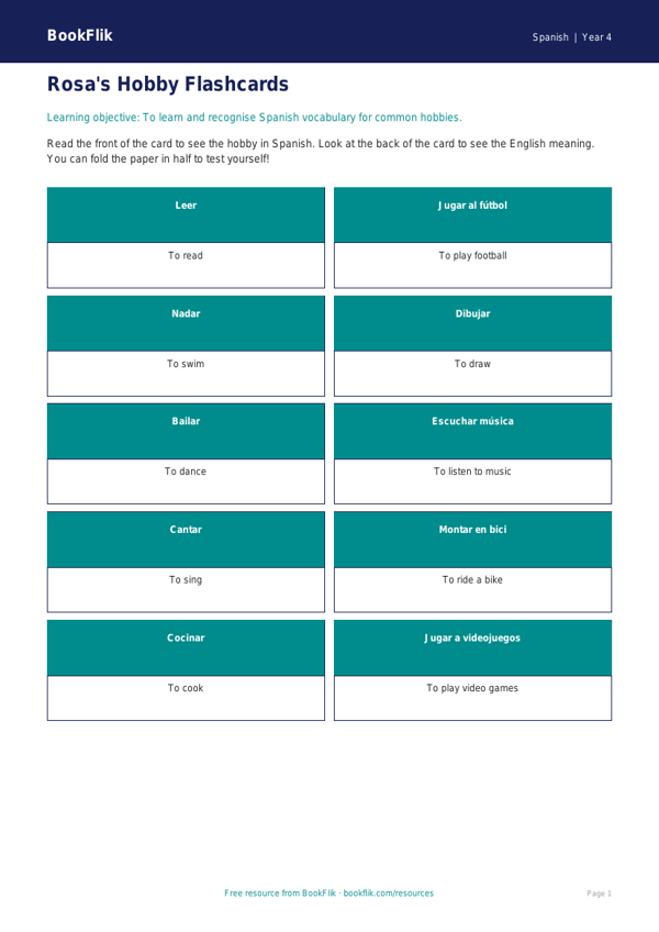 Free Hobbies Flashcards | Year 4 Supported | BookFlik worksheet preview — Spanish Hobbies