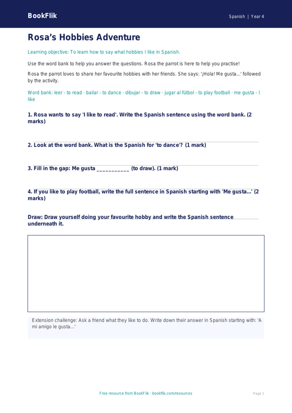 Free Hobbies Worksheet | Year 4 Supported | BookFlik worksheet preview — Spanish Hobbies