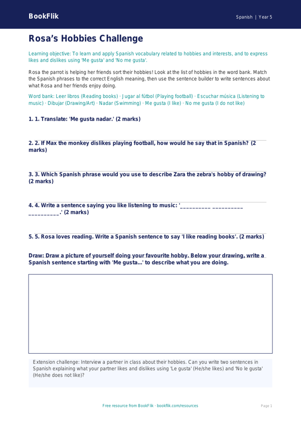 Free Hobbies Activity Sheet | Year 5 Core | BookFlik worksheet preview — Spanish Hobbies