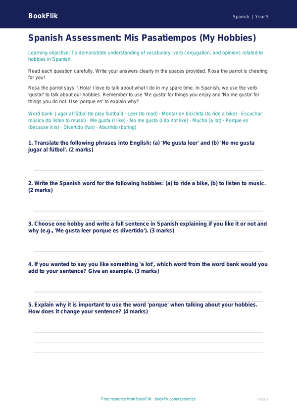 Free Hobbies Assessment | Year 5 Core | BookFlik worksheet preview — Spanish Hobbies