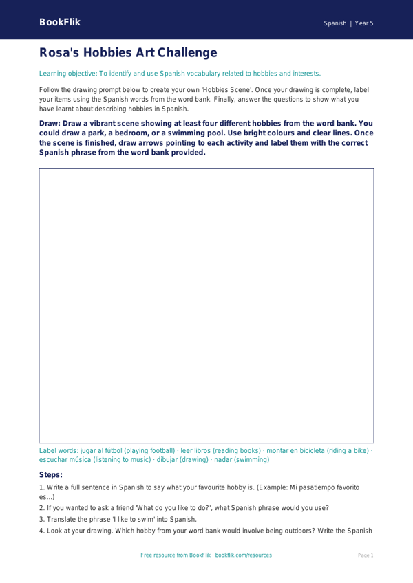 Free Hobbies Drawing Sheet | Year 5 Core | BookFlik worksheet preview — Spanish Hobbies
