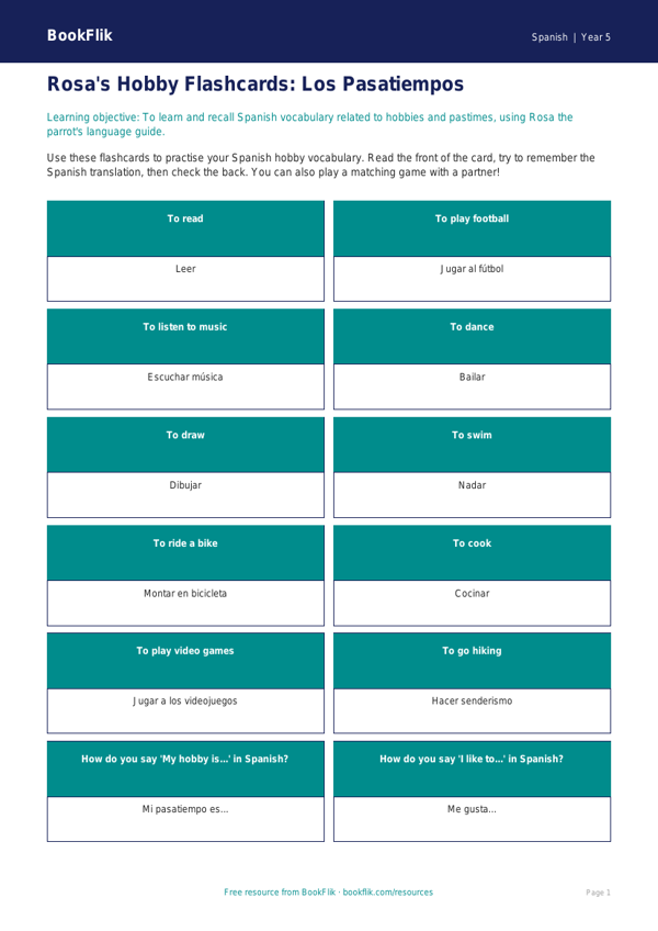 Free Hobbies Flashcards | Year 5 Core | BookFlik worksheet preview — Spanish Hobbies