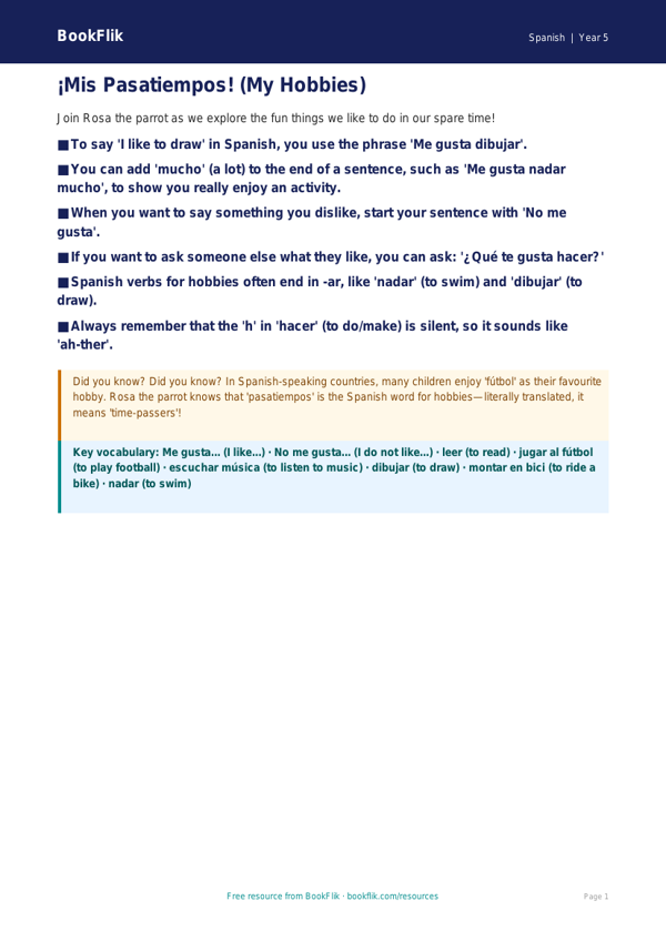 Free Hobbies Poster | Year 5 Core | BookFlik worksheet preview — Spanish Hobbies