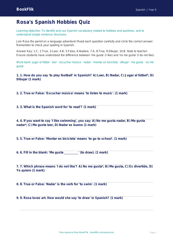 Free Hobbies Quiz | Year 5 Core | BookFlik worksheet preview — Spanish Hobbies