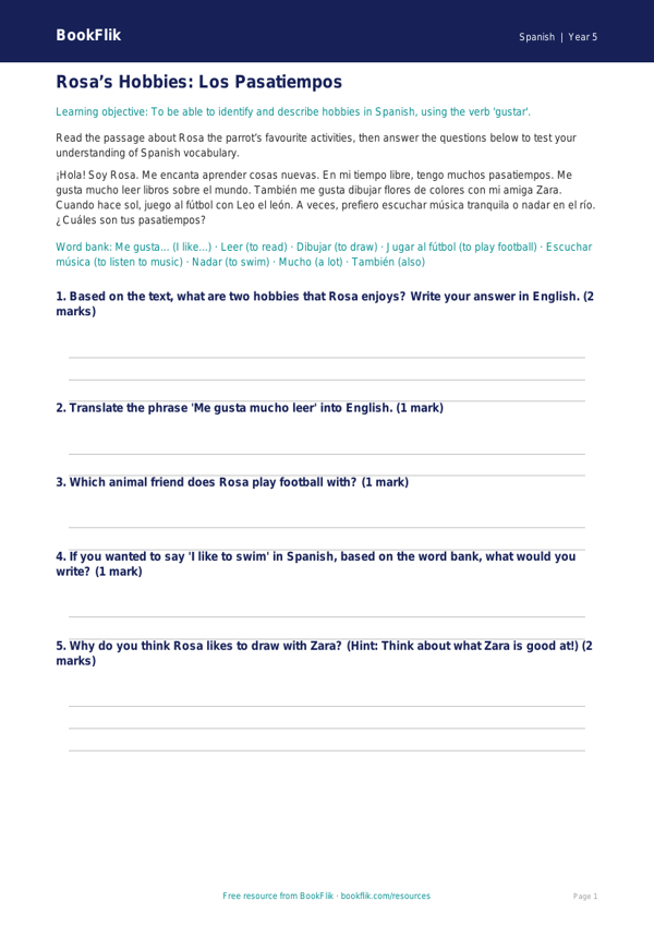 Free Hobbies Track Sheet | Year 5 Core | BookFlik worksheet preview — Spanish Hobbies