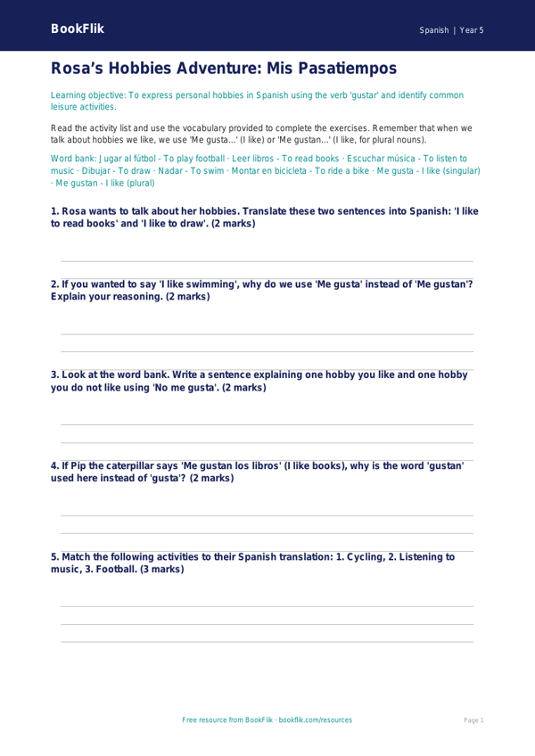 Free Hobbies Worksheet | Year 5 Core | BookFlik worksheet preview — Spanish Hobbies