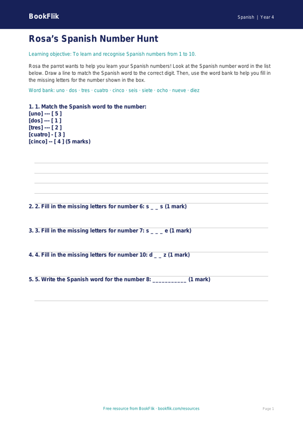 Free Numbers Activity Sheet | Year 4 Supported | BookFlik worksheet preview — Spanish Numbers