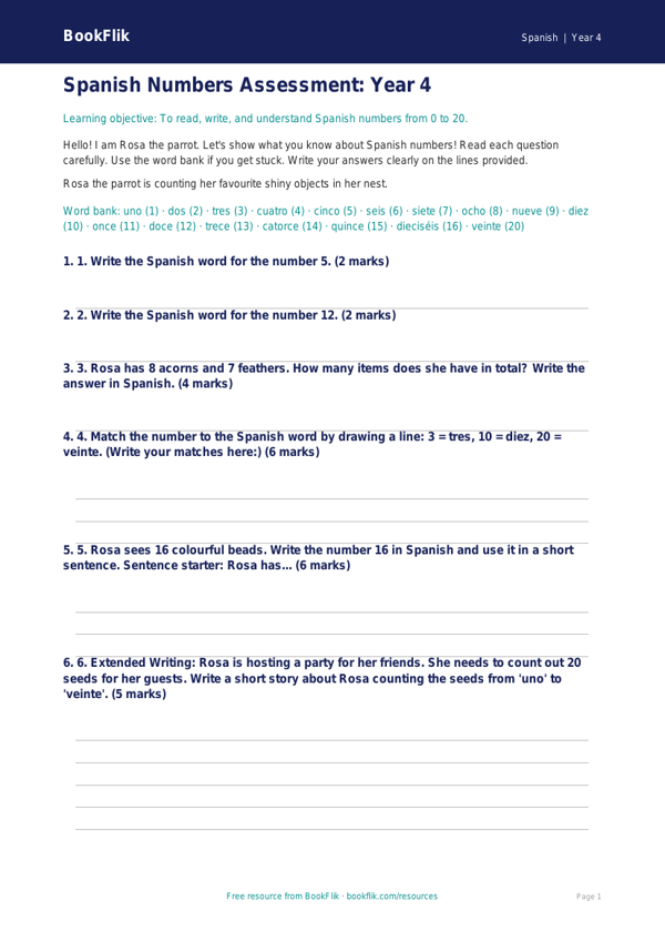 Free Numbers Assessment | Year 4 Supported | BookFlik worksheet preview — Spanish Numbers