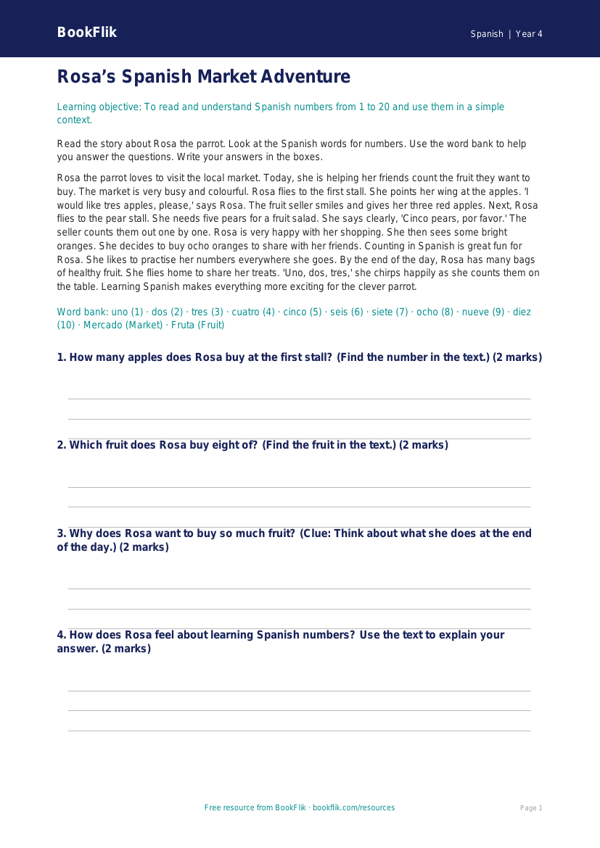Free Numbers Comprehension | Year 4 Supported | BookFlik worksheet preview — Spanish Numbers