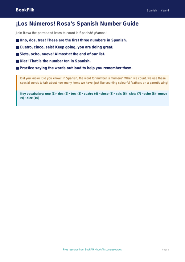 Free Numbers Poster | Year 4 Supported | BookFlik worksheet preview — Spanish Numbers