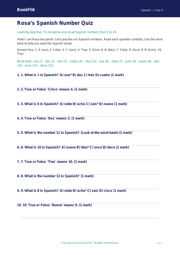Free Numbers Quiz | Year 4 Supported | BookFlik worksheet preview — Spanish Numbers