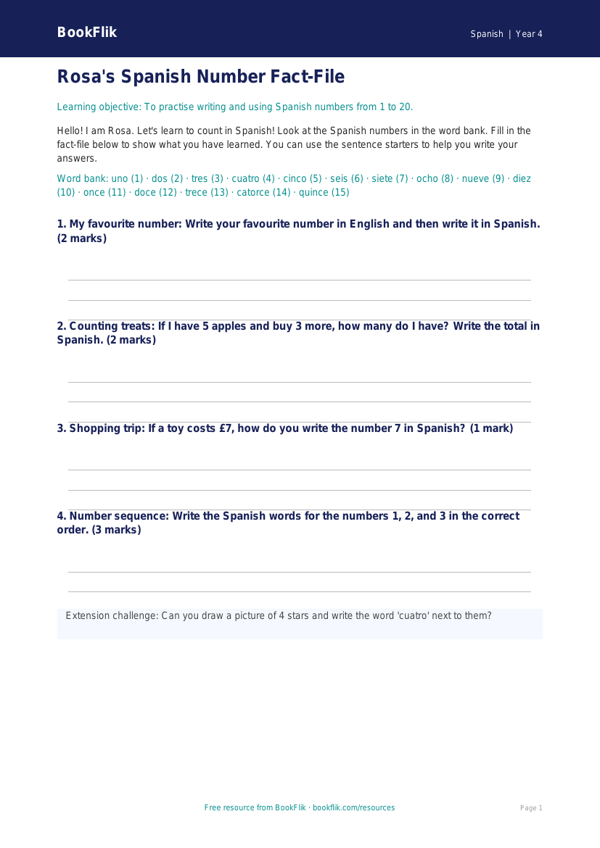 Free Numbers Template | Year 4 Supported | BookFlik worksheet preview — Spanish Numbers