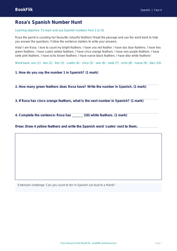 Free Numbers Track Sheet | Year 4 Supported | BookFlik worksheet preview — Spanish Numbers