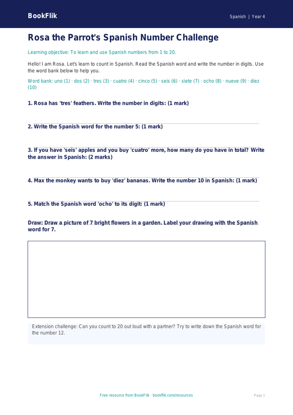 Free Numbers Worksheet | Year 4 Supported | BookFlik worksheet preview — Spanish Numbers