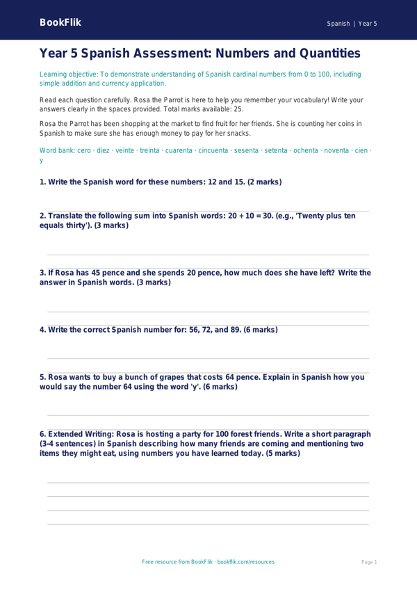 Free Numbers Assessment | Year 5 Core | BookFlik worksheet preview — Spanish Numbers