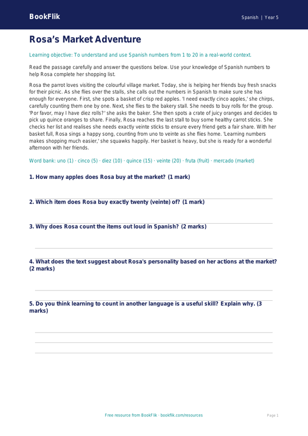 Free Numbers Comprehension | Year 5 Core | BookFlik worksheet preview — Spanish Numbers