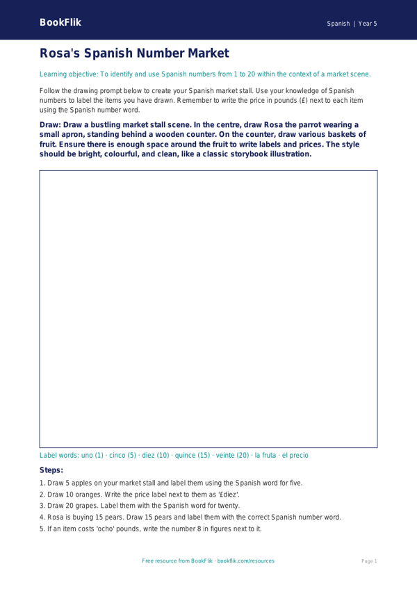 Free Numbers Drawing Sheet | Year 5 Core | BookFlik worksheet preview — Spanish Numbers