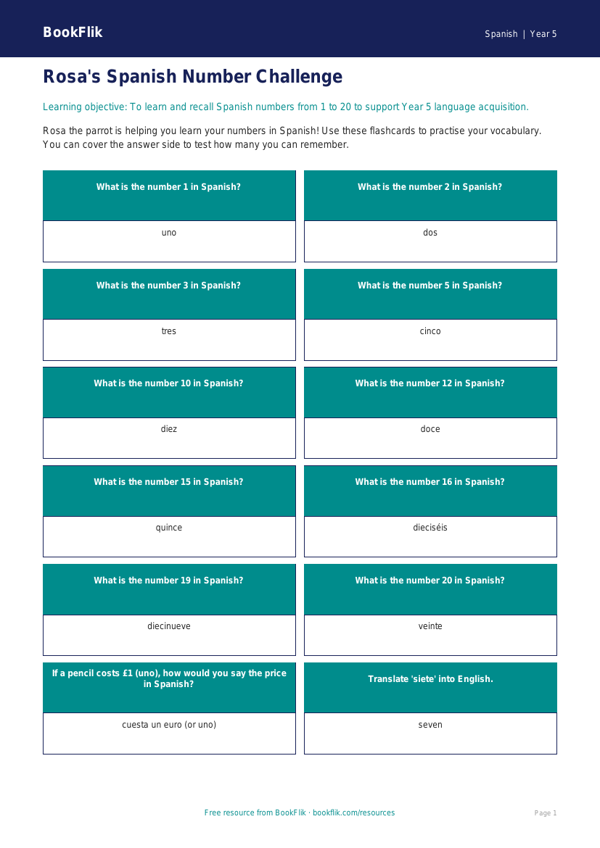 Free Numbers Flashcards | Year 5 Core | BookFlik worksheet preview — Spanish Numbers