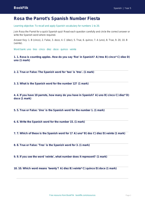 Free Numbers Quiz | Year 5 Core | BookFlik worksheet preview — Spanish Numbers