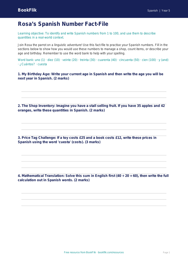 Free Numbers Template | Year 5 Core | BookFlik worksheet preview — Spanish Numbers