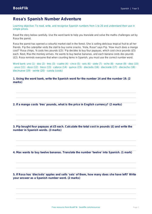 Free Numbers Track Sheet | Year 5 Core | BookFlik worksheet preview — Spanish Numbers
