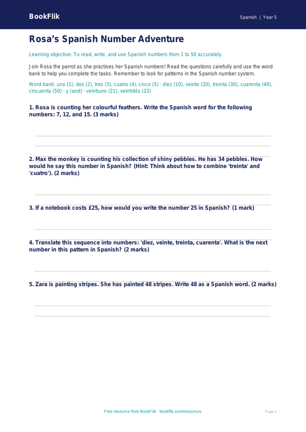 Free Numbers Worksheet | Year 5 Core | BookFlik worksheet preview — Spanish Numbers