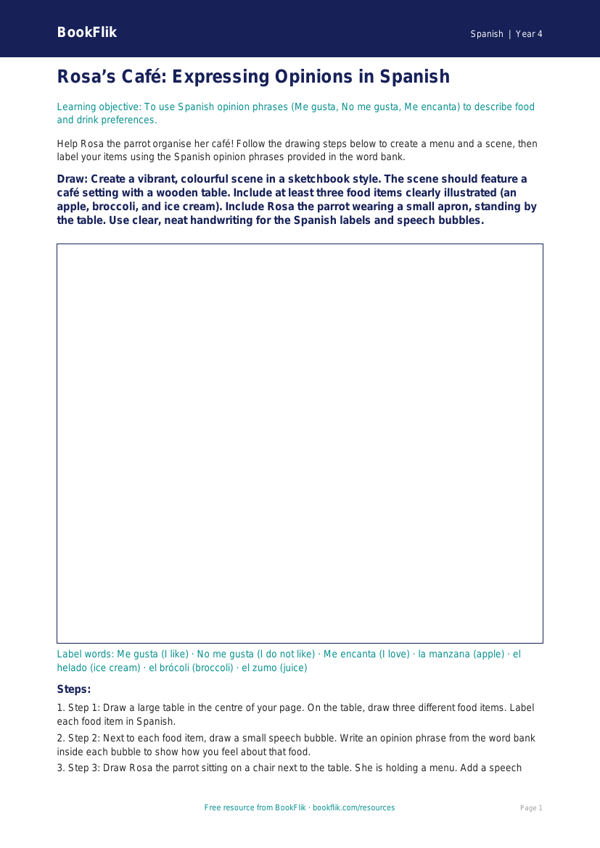 Free Opinion Phrases Drawing Sheet | Year 4 Greater Depth | BookFlik worksheet preview — Spanish Opinion Phrases