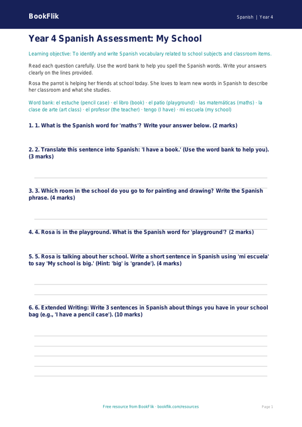 Free Year 4 Assessment Worksheet | Supported Learning | BookFlik worksheet preview — Spanish School