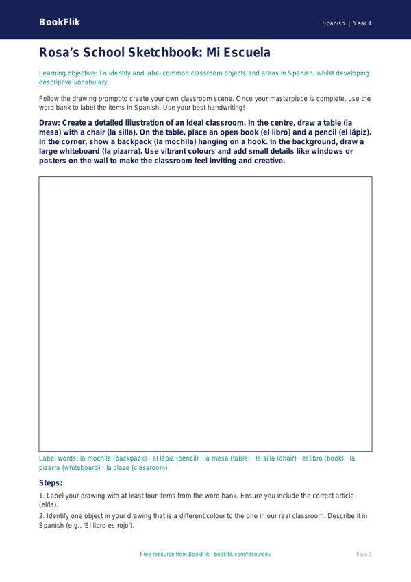 Free School Drawing Sheet | Year 4 Greater Depth | BookFlik worksheet preview — Spanish School