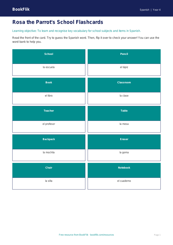Free School Flashcards | Year 4 Supported | BookFlik worksheet preview — Spanish School
