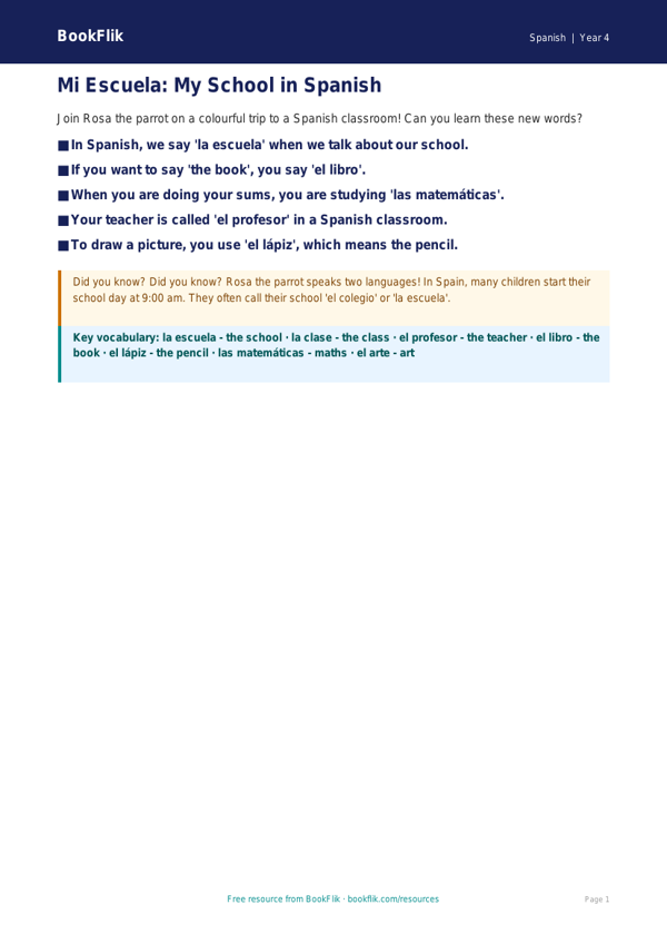 Free School Poster | Year 4 Supported | BookFlik worksheet preview — Spanish School
