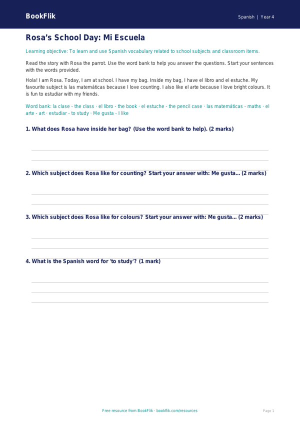 Free Year 4 School Track Sheet | Printable Educational Resource | BookFlik worksheet preview — Spanish School