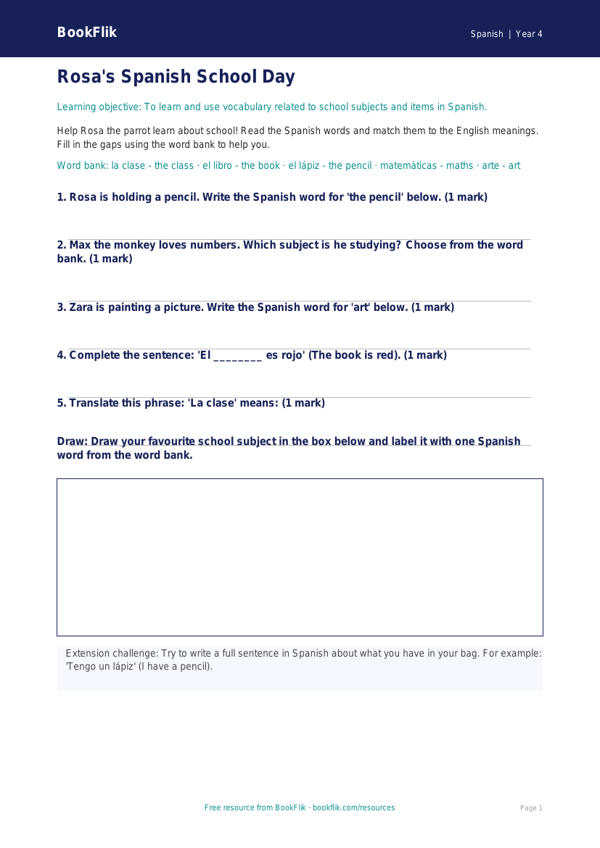 Free Year 4 Educational Worksheet | Printable PDF | BookFlik worksheet preview — Spanish School