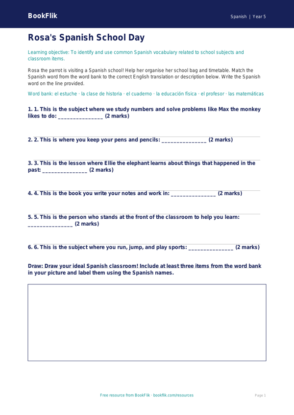 Free School Activity Sheet | Year 5 Core | BookFlik worksheet preview — Spanish School