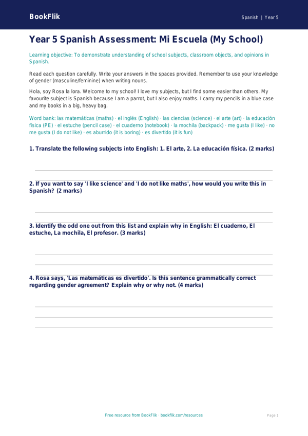 Free Year 5 Math Assessment Worksheet | Core Skills | BookFlik worksheet preview — Spanish School