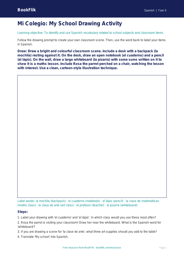Free School Drawing Sheet | Year 5 Core | BookFlik worksheet preview — Spanish School