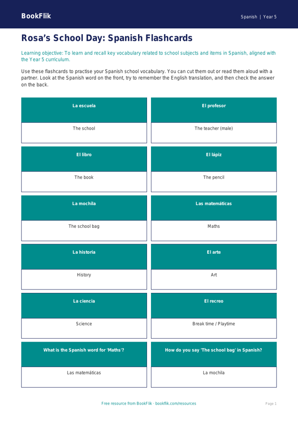 Free School Flashcards | Year 5 Core | BookFlik worksheet preview — Spanish School