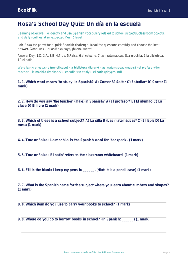 Free Year 5 Math Worksheet | Printable Core Quiz | BookFlik worksheet preview — Spanish School
