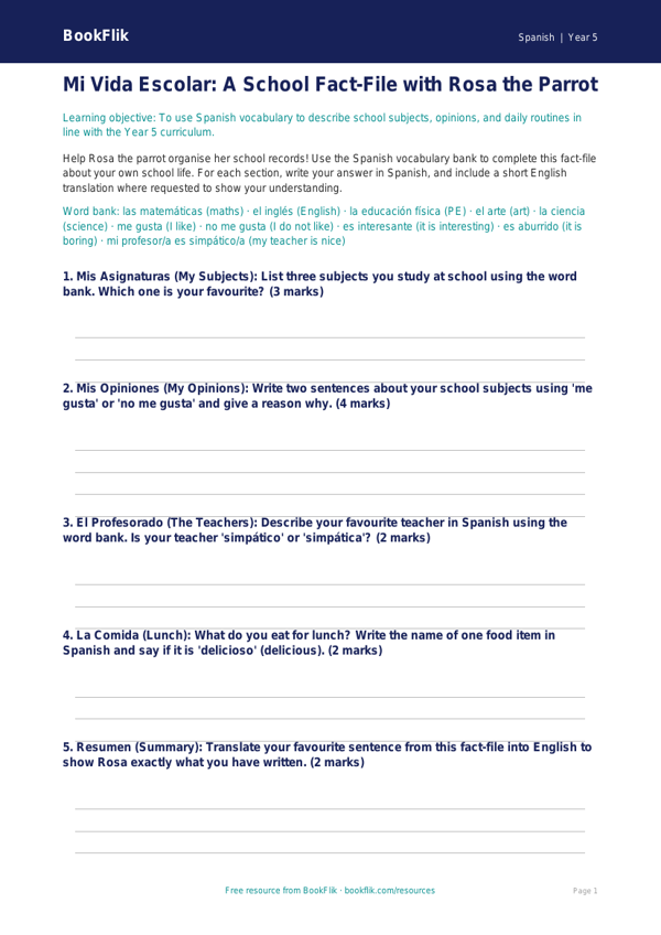 Free Year 5 Educational Worksheet | Core Curriculum | BookFlik worksheet preview — Spanish School