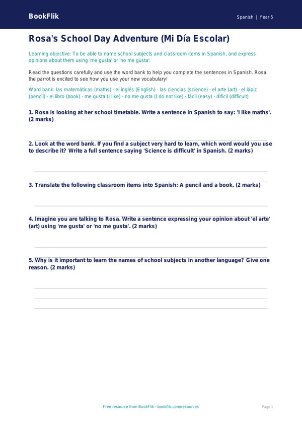 Free Year 5 Educational Worksheet | Core Skills | BookFlik worksheet preview — Spanish School