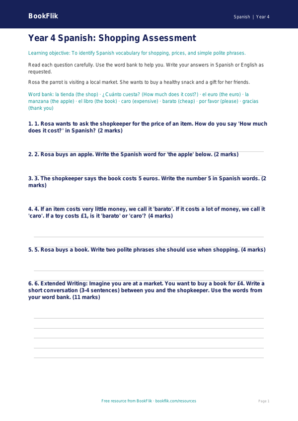 Free Shopping Assessment | Year 4 Supported | BookFlik worksheet preview — Spanish Shopping