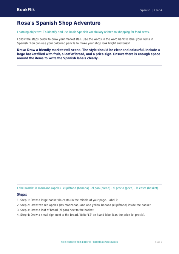 Free Shopping Drawing Sheet | Year 4 Supported | BookFlik worksheet preview — Spanish Shopping