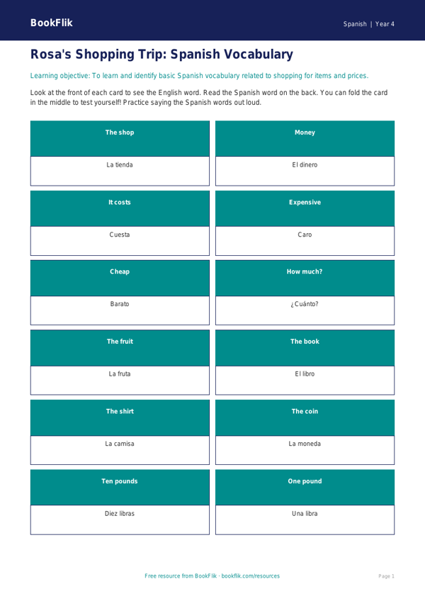 Free Shopping Flashcards | Year 4 Supported | BookFlik worksheet preview — Spanish Shopping