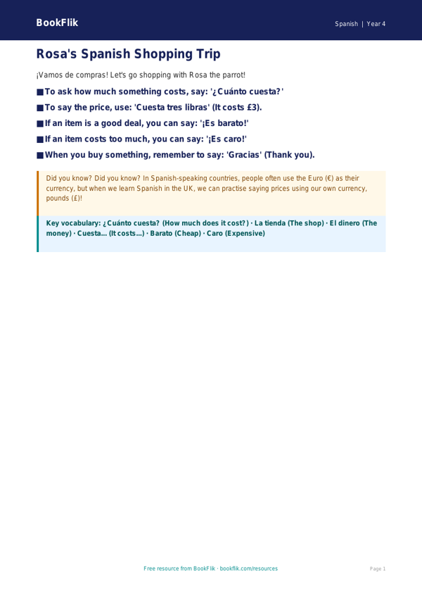 Free Shopping Poster | Year 4 Supported | BookFlik worksheet preview — Spanish Shopping