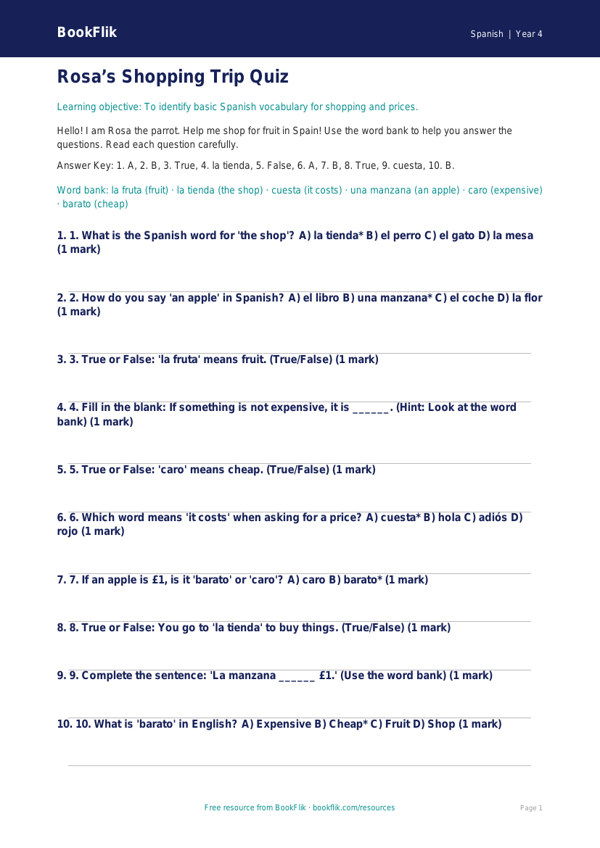 Free Shopping Quiz | Year 4 Supported | BookFlik worksheet preview — Spanish Shopping