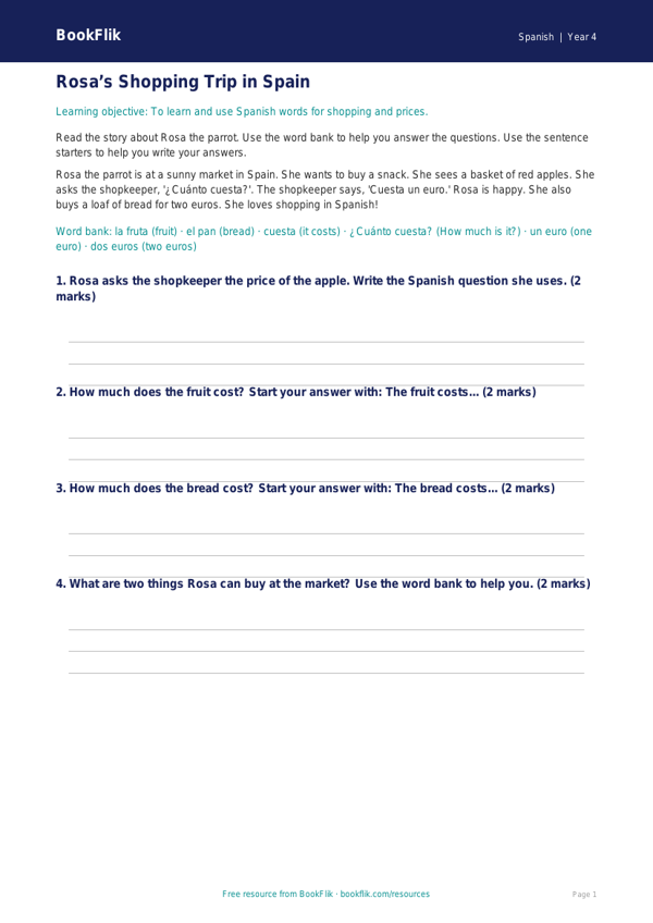 Free Shopping Track Sheet | Year 4 Supported | BookFlik worksheet preview — Spanish Shopping