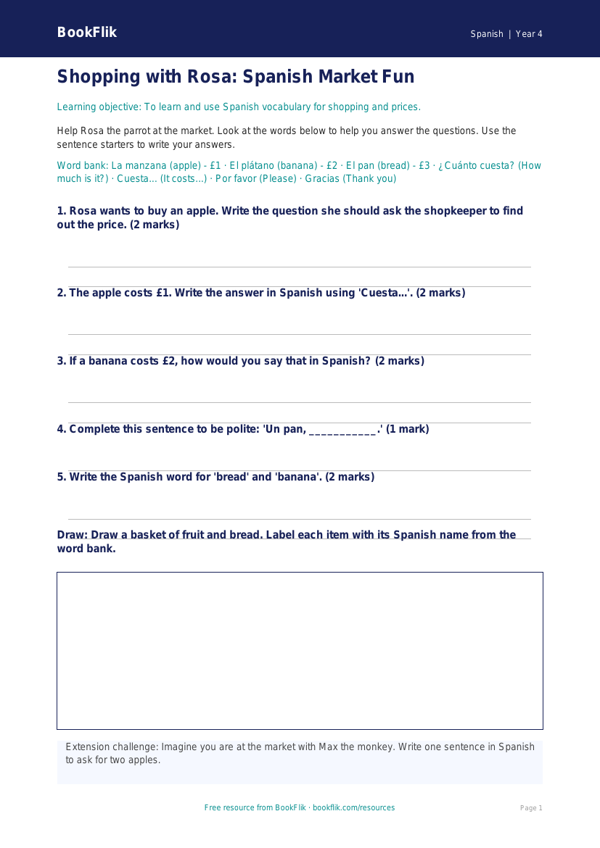 Free Shopping Worksheet | Year 4 Supported | BookFlik worksheet preview — Spanish Shopping
